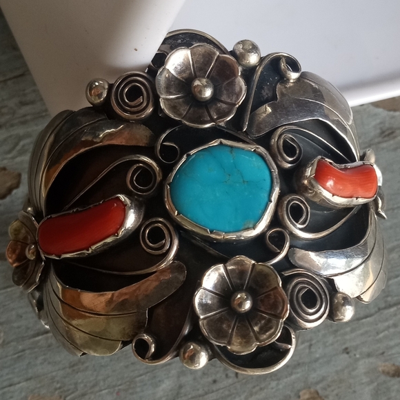 Turquoise Coral VTG Sterling Silver Southwest Signed IB 46 G Cuff Bracelet - Picture 14 of 16